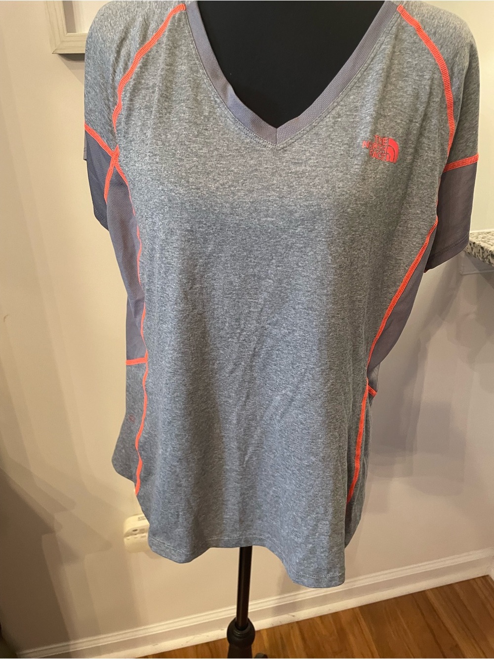 The North Face Gray V-Neck Short Sleeve Tee with Coral Accents